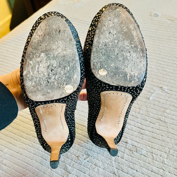 BCBGMAXAZARIA Black Satin & Champagne Rhinestone Round Toe 1"Platform Stilettos - Picture 5 of 9